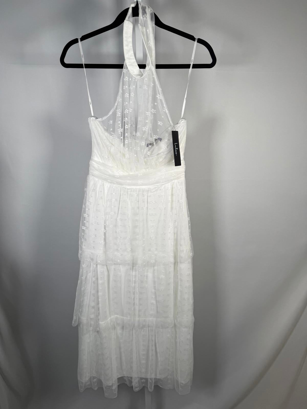 Lulus Positively Precious White Floral Mesh Tiered Halter Midi Dress Size S