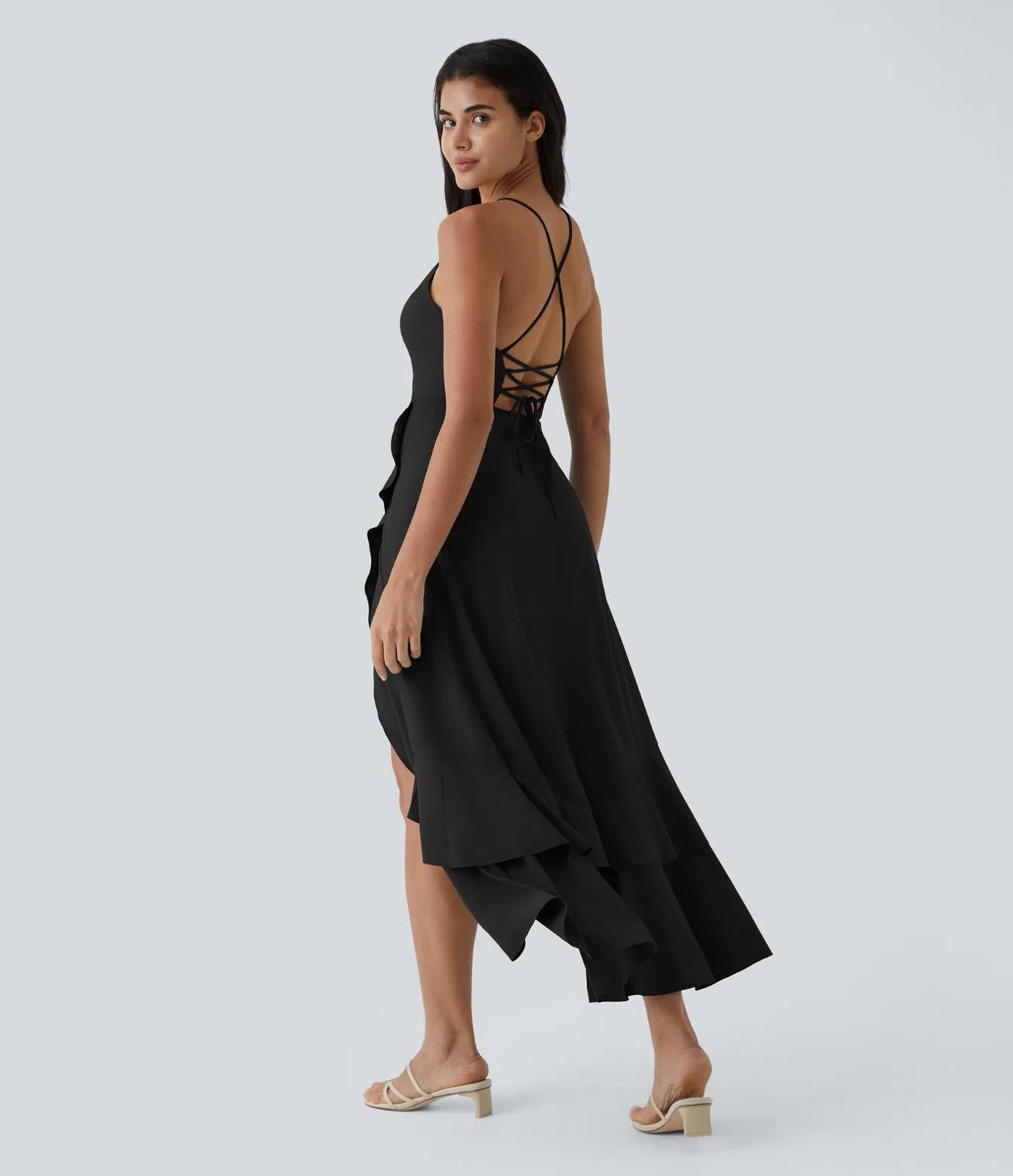 NWT Halara Breezeful™ Lace Up Side Zipper Ruffle Hem Maxi Casual Dress Black M