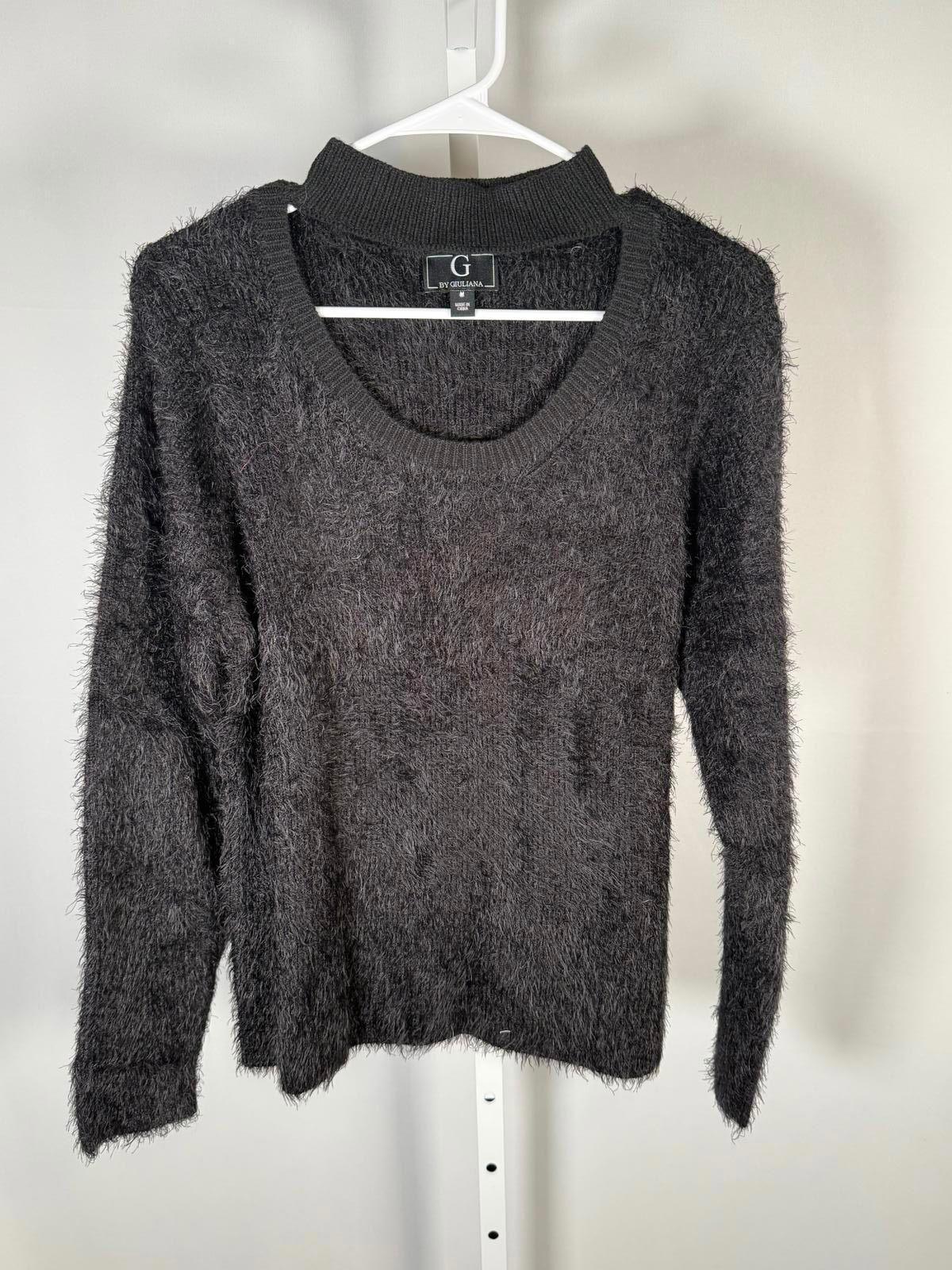NWT G by Giuliana Fuzzy Knit Scoop Neck Sweater Mock Turtleneck Black Large