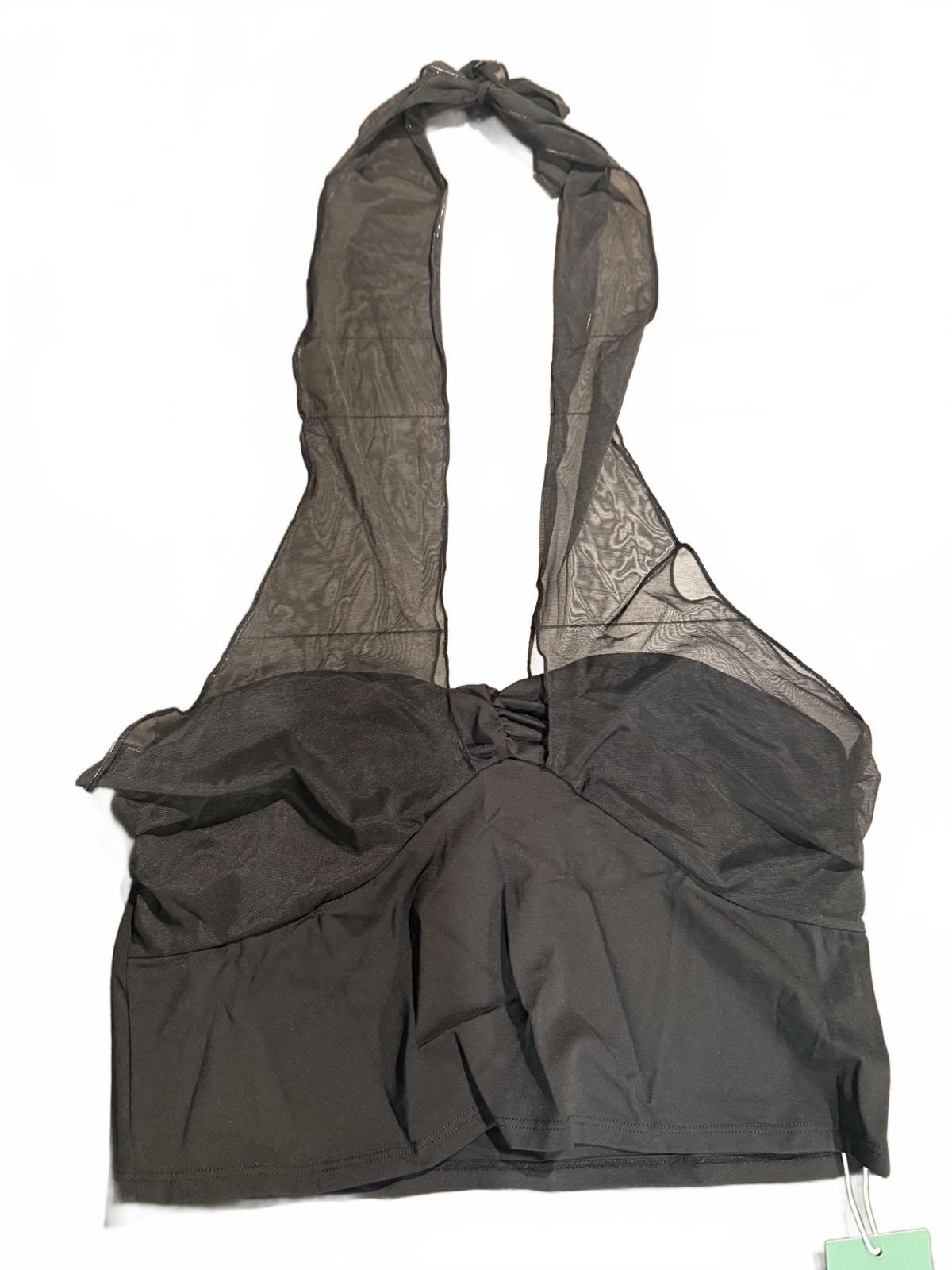 NWT Halara Black Mesh Halter Bandeau Crop Top Ruched Front Size Large