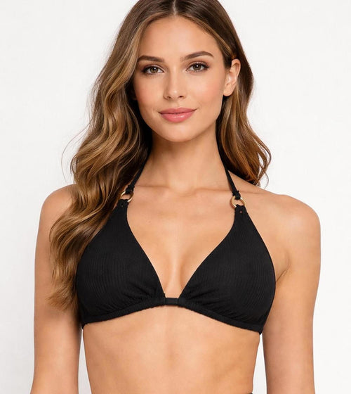 NWT Halara Ribbed Triangle Bikini Top Swimsuit Black Ring Detail Size XL