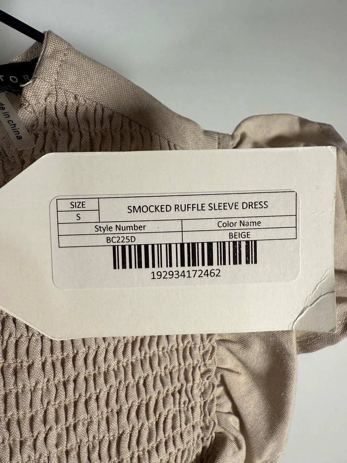 NWT REVOLVE English Factory Smocked Ruffle Sleeve Dress Beige S