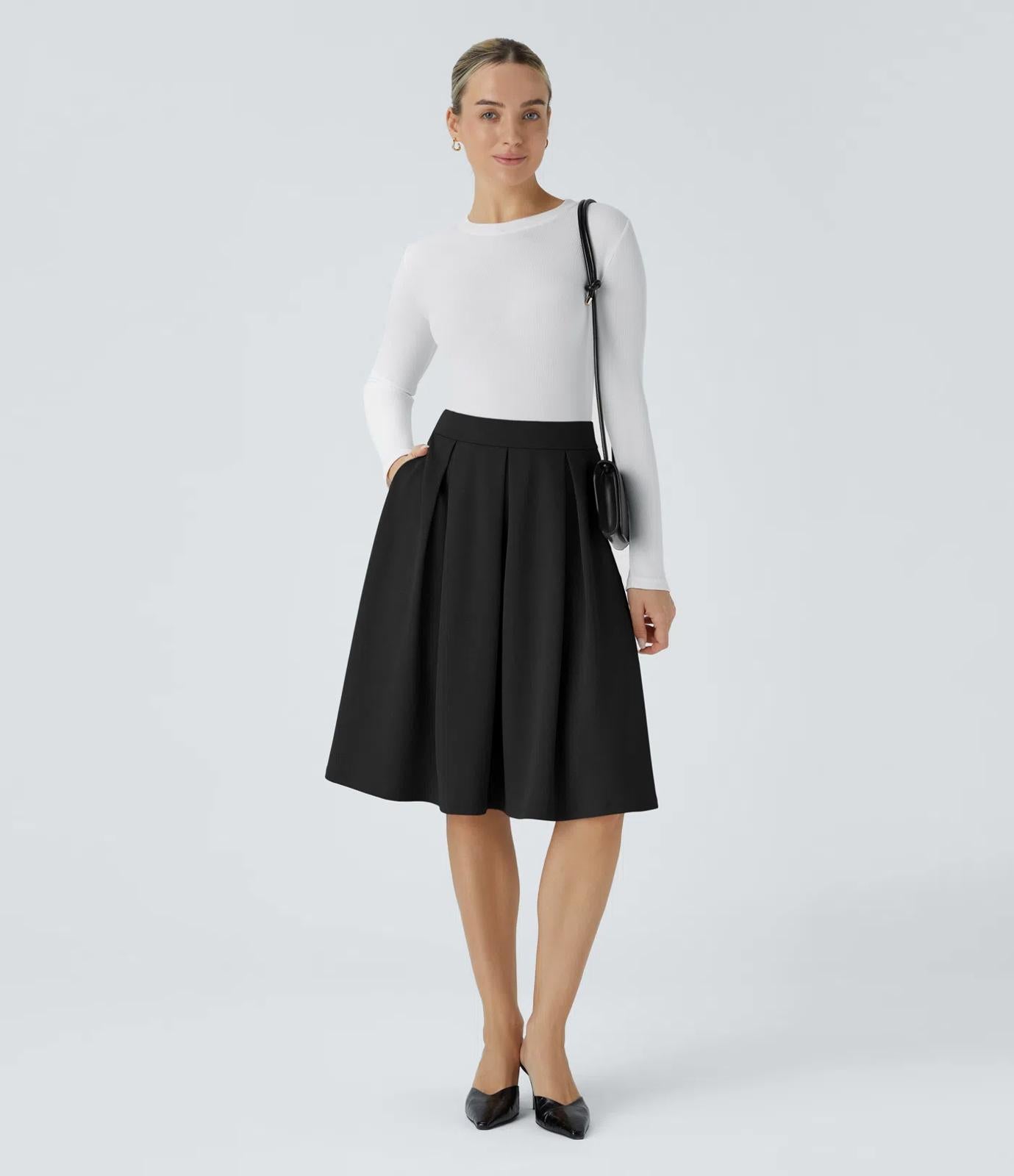 NWT Halara High Waisted Pocket Pleated Crepe Midi Work Skirt Black M