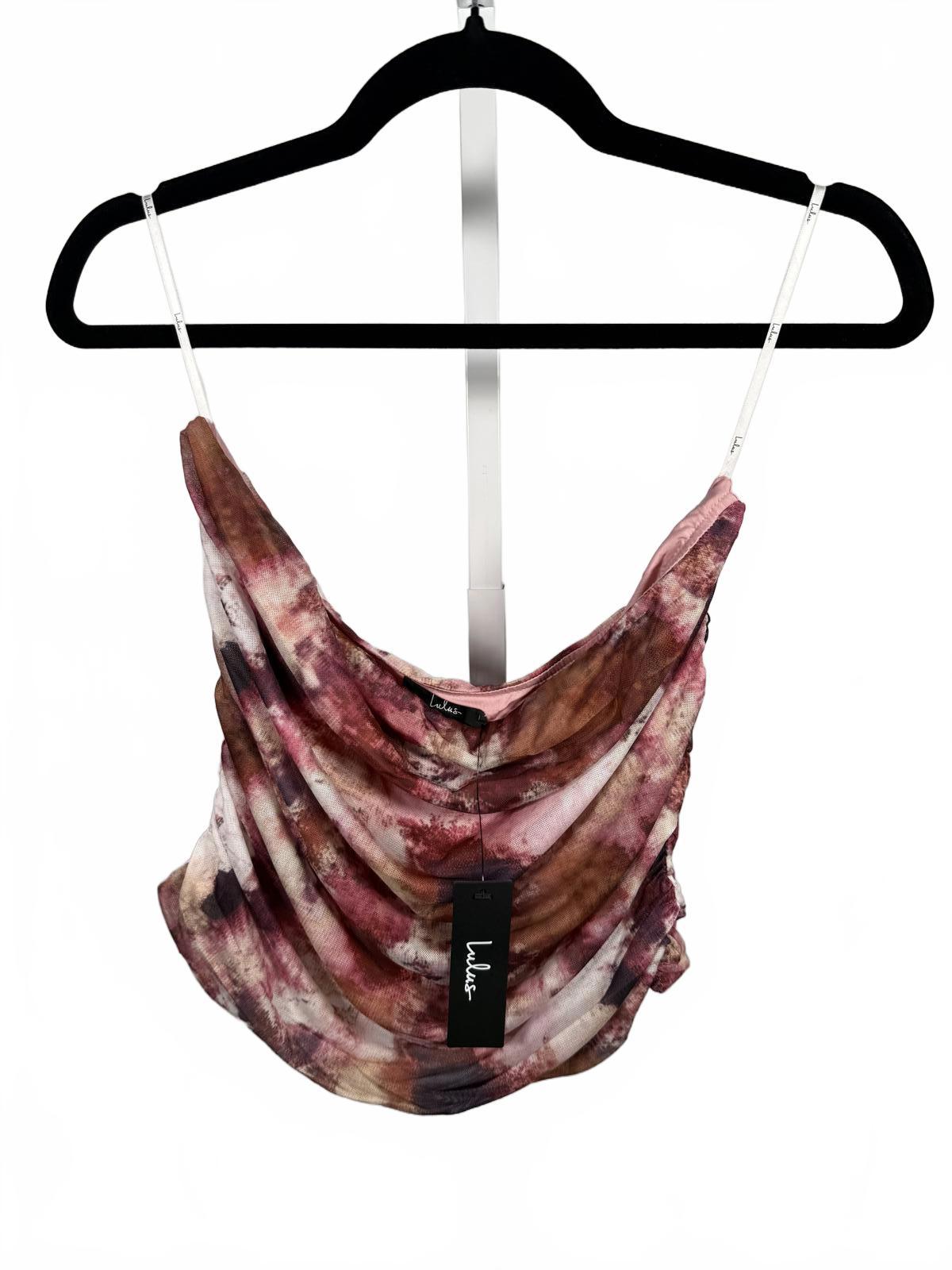 Lulus Flirty Focus Pink Multi Abstract Print Mesh Strapless Crop Top - XL NWT