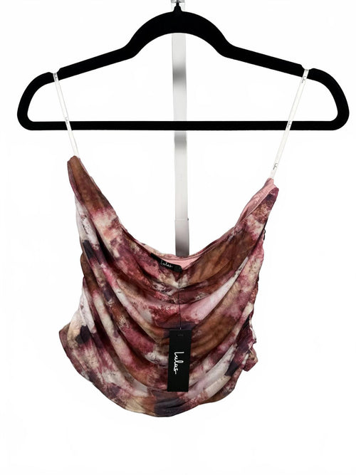 Lulus Flirty Focus Pink Multi Abstract Print Mesh Strapless Crop Top - XL NWT