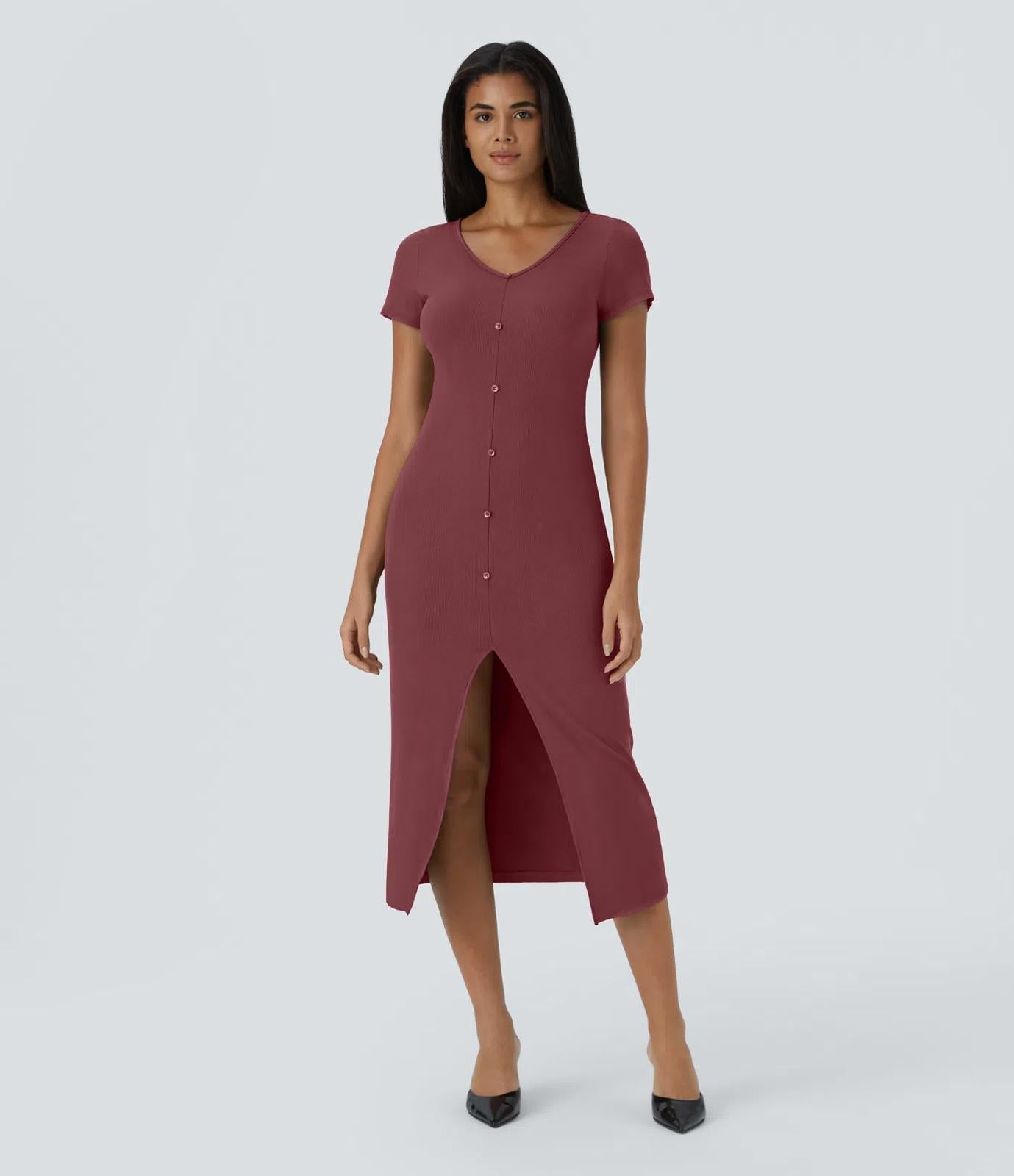 NWT Halara Ribbed Knit V Neck Midi Chill Dress Size Large