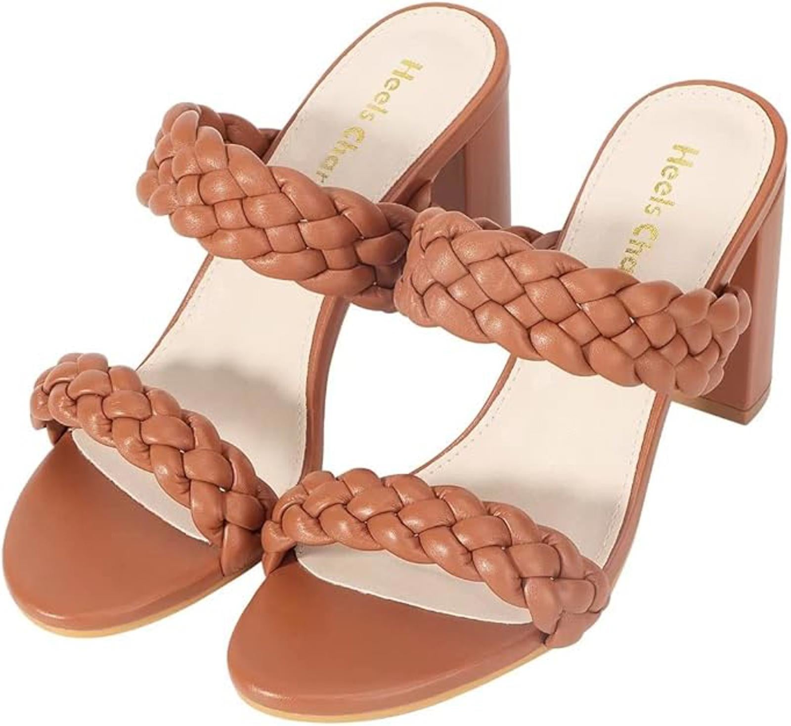 Heels Charm Women's Woven Chunky Block Heeled Sandal Brown, Size 9 NWT