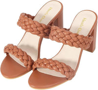 Heels Charm Women's Woven Chunky Block Heeled Sandal Brown, Size 9 NWT