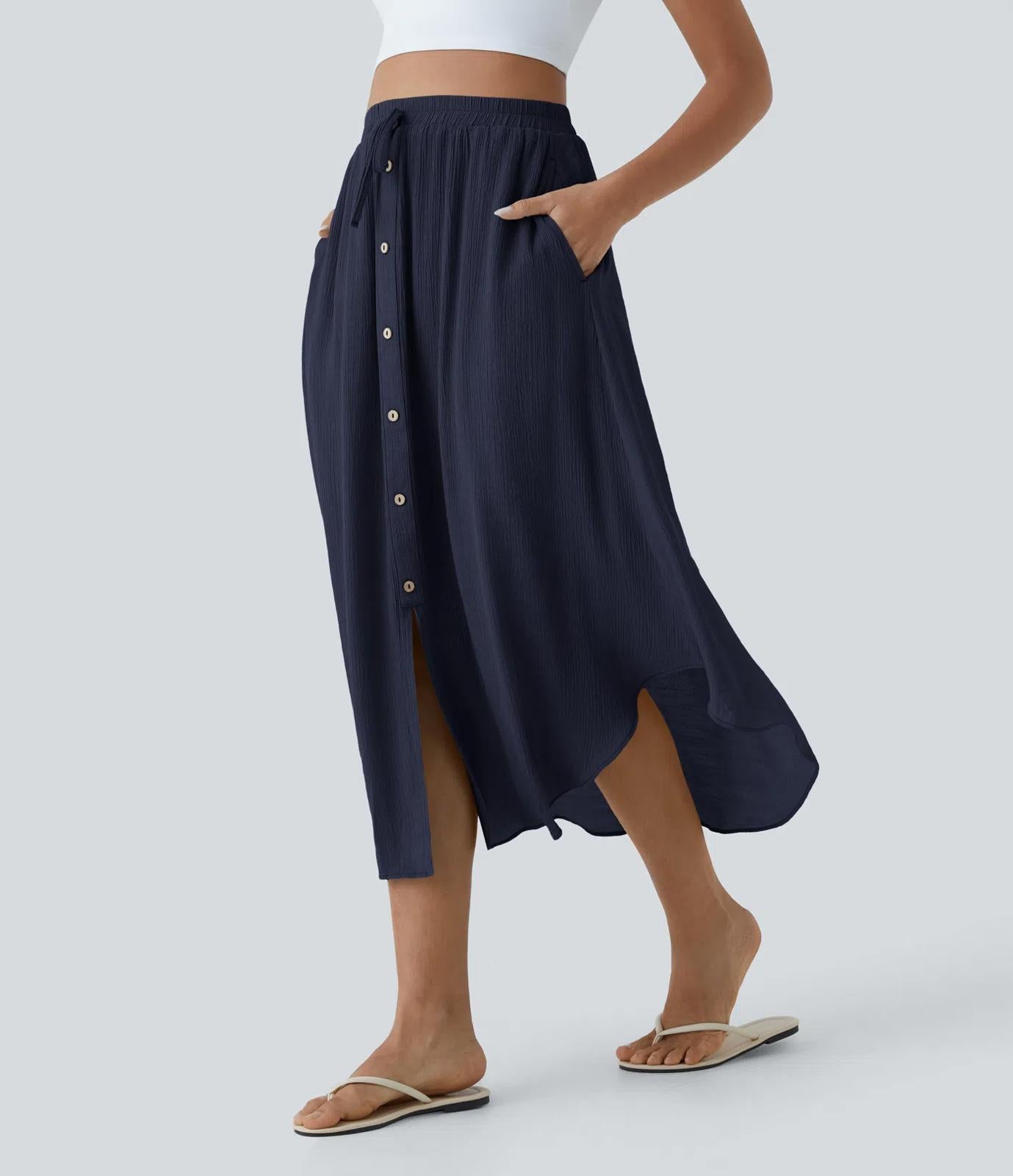 NWT Halara High Waisted Drawstring Pocket Flowy Midi Casual Skirt Size XL