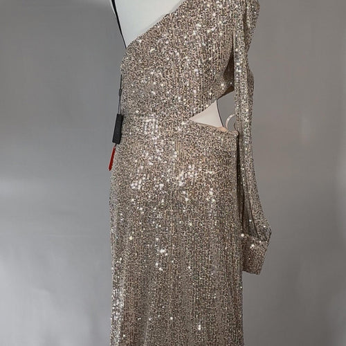 Mac Duggal Formal Silver Sequined One Shoulder Cut Out Gown Size 10 $298 NWT