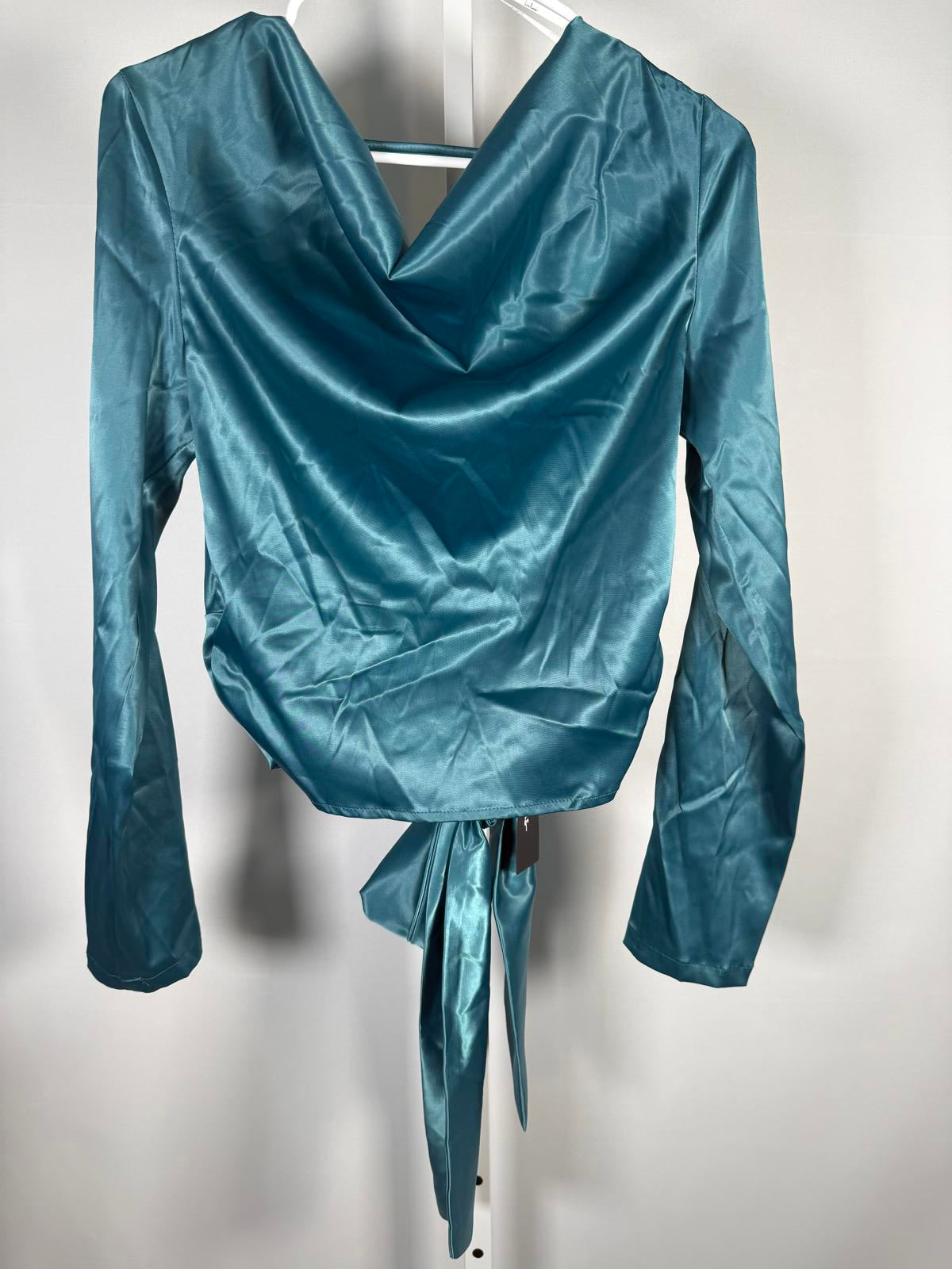 NWT Lulus Lovely Outing Teal Green Satin Cowl Neck Backless Tie-Back Top Size S