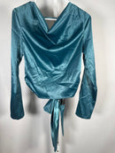 NWT Lulus Lovely Outing Teal Green Satin Cowl Neck Backless Tie-Back Top Size S