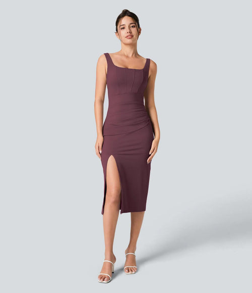 Halara Softlyzero Backless Corset Ruched Bodycon Midi Cool Touch Dress M NWT