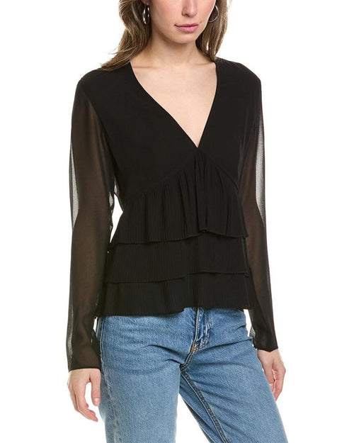 The Kooples Pleated Sheer Ruffle Blouse Black US XS FR 0 NWT $215