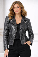 NWT Colleen Lopez Gunmetal Sequin Moto Jacket Sparkly Biker Blazer Size Large