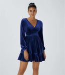 NWT Halara Deep V Neck Long Sleeve Ruffled Hem Velvet Mini Dress Size Large
