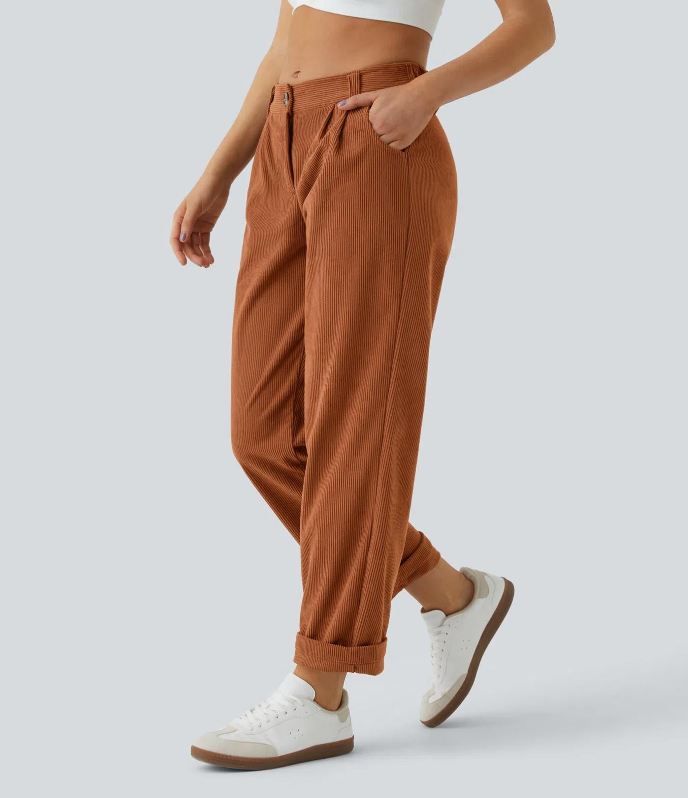 NWT Halara Mid Rise Zipper Pocket Corduroy Casual Pants Baked Clay - Small Tall