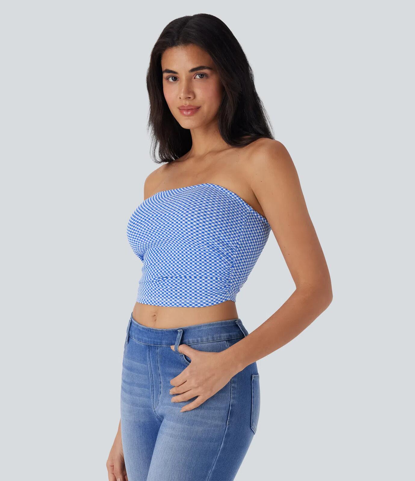 NWT Halara Ruched Plaid Cropped Blue Casual Tube Top Size Large