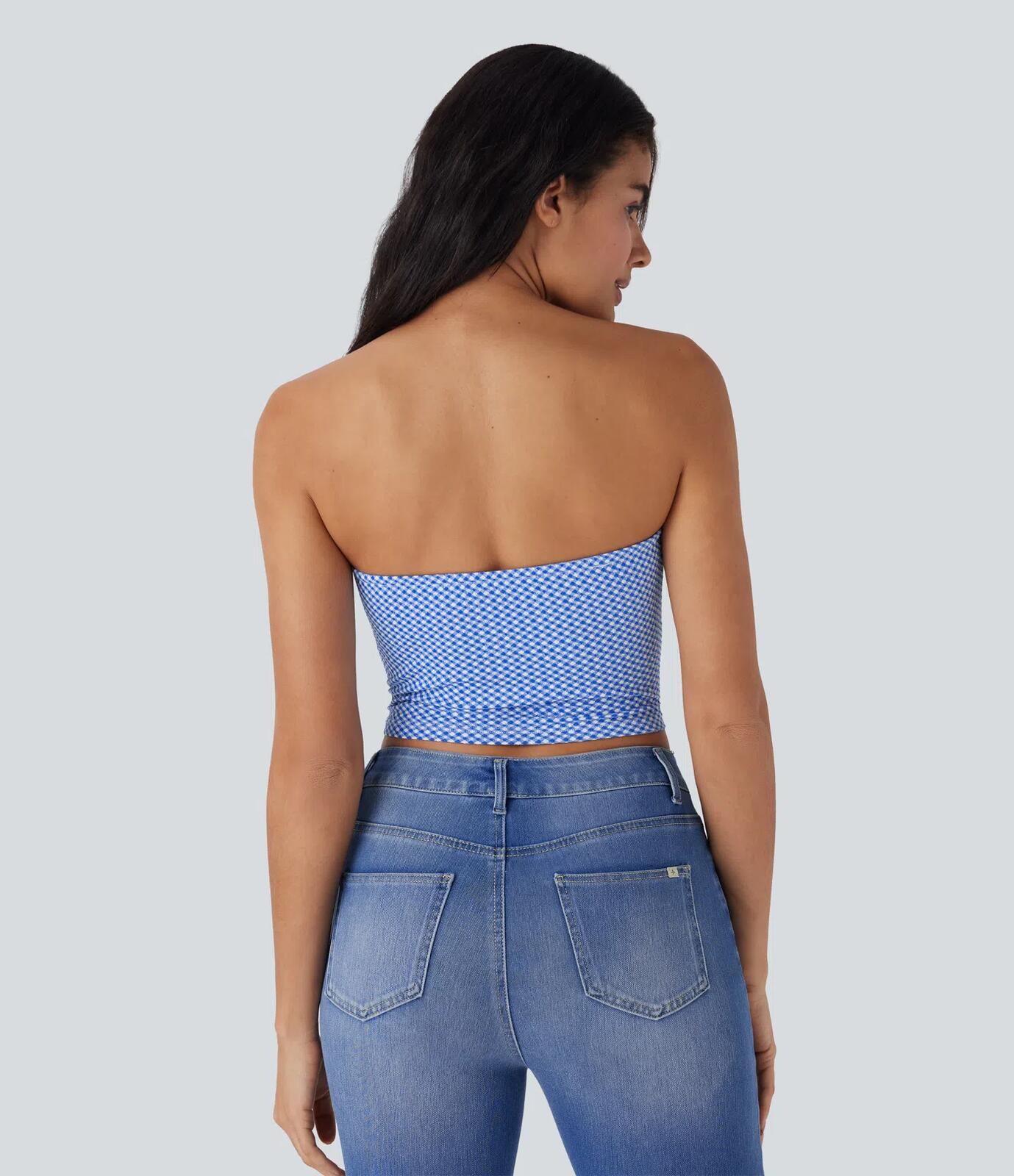 NWT Halara Ruched Plaid Cropped Blue Casual Tube Top Size Large