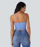 NWT Halara Ruched Plaid Cropped Blue Casual Tube Top Size XS