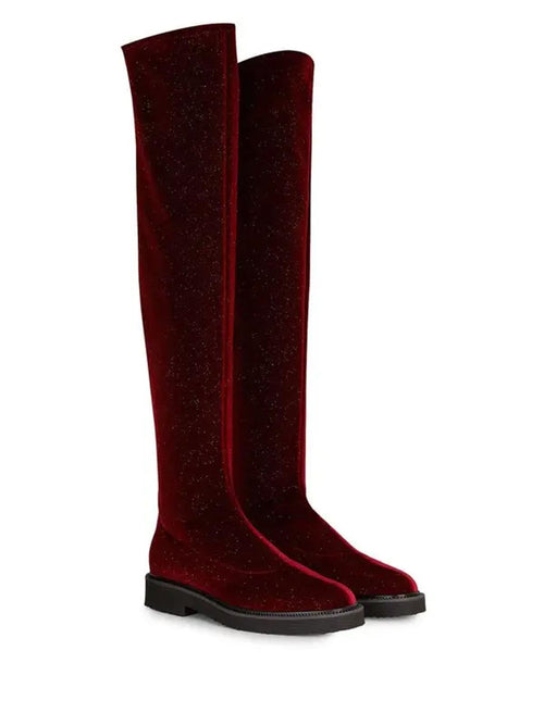 Giuseppe Zanotti Adrienne Bordeaux Velvet OTK Boots EU 34 US 4 Red Designer NWB