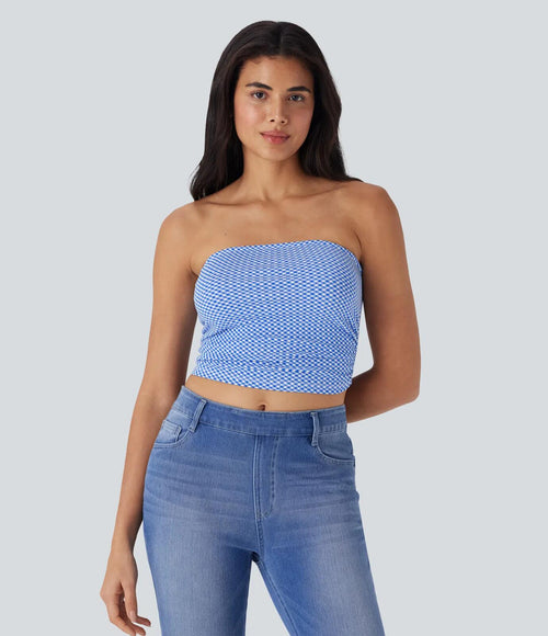 NWT Halara Ruched Plaid Cropped Blue Casual Tube Top Size Medium