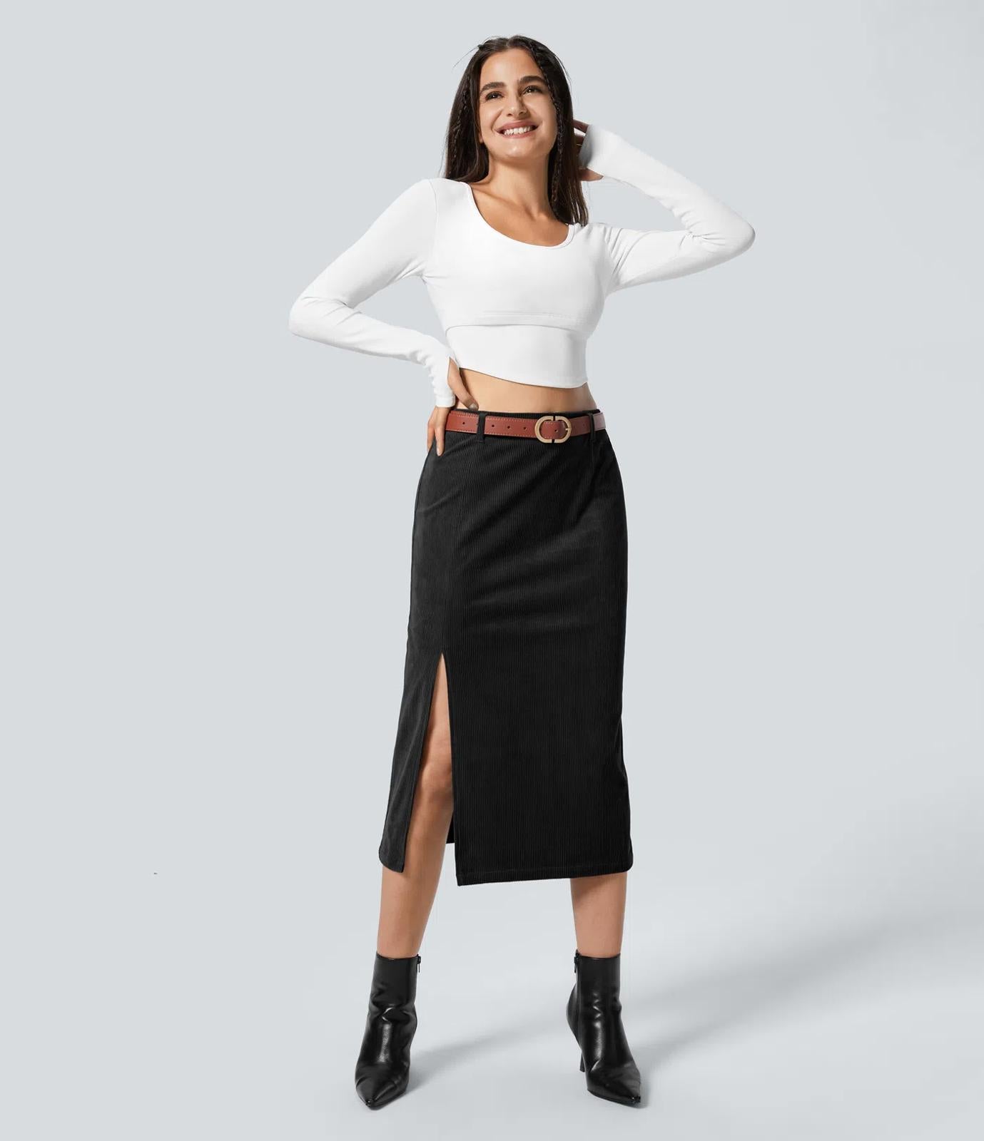 NWT Halara High Waisted Corduroy Hem Midi Skirt Casual XS