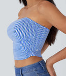 NWT Halara Ruched Plaid Cropped Blue Casual Tube Top Size Medium