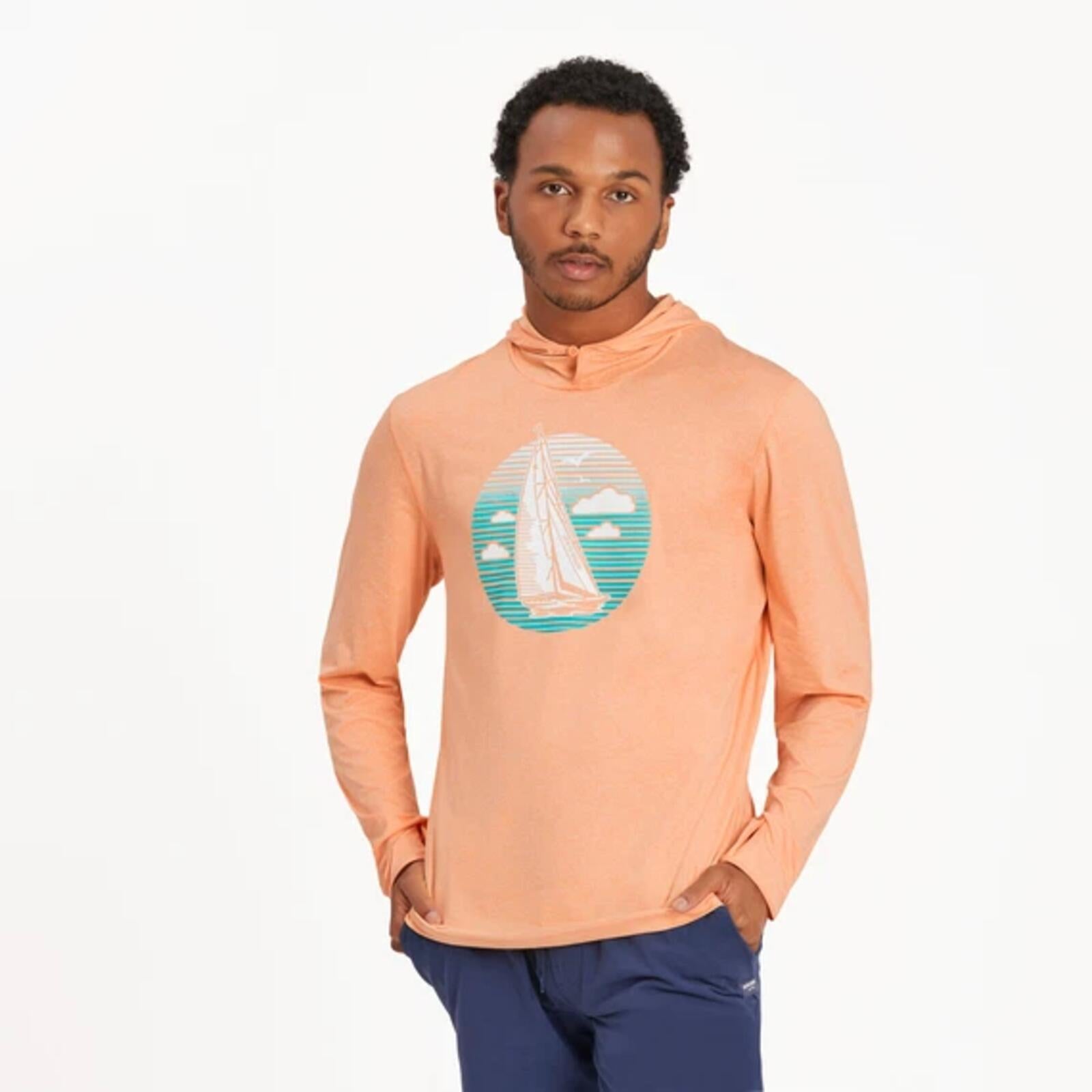 NWT Life is Good Men's Sailboats Hooded Active Tee Orange Green Medium