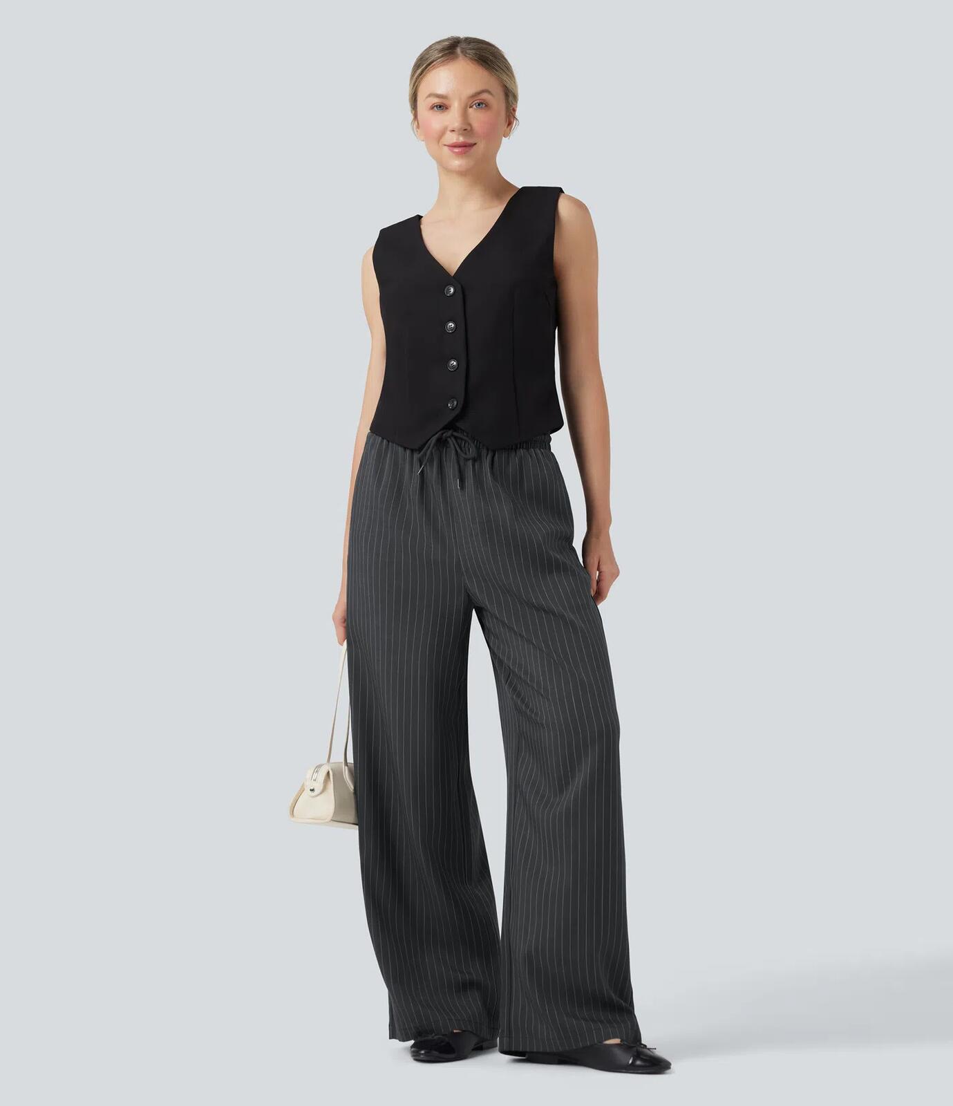 NWT Halara High Waisted Drawstring Wide Leg Stripe Casual Pants Size Large