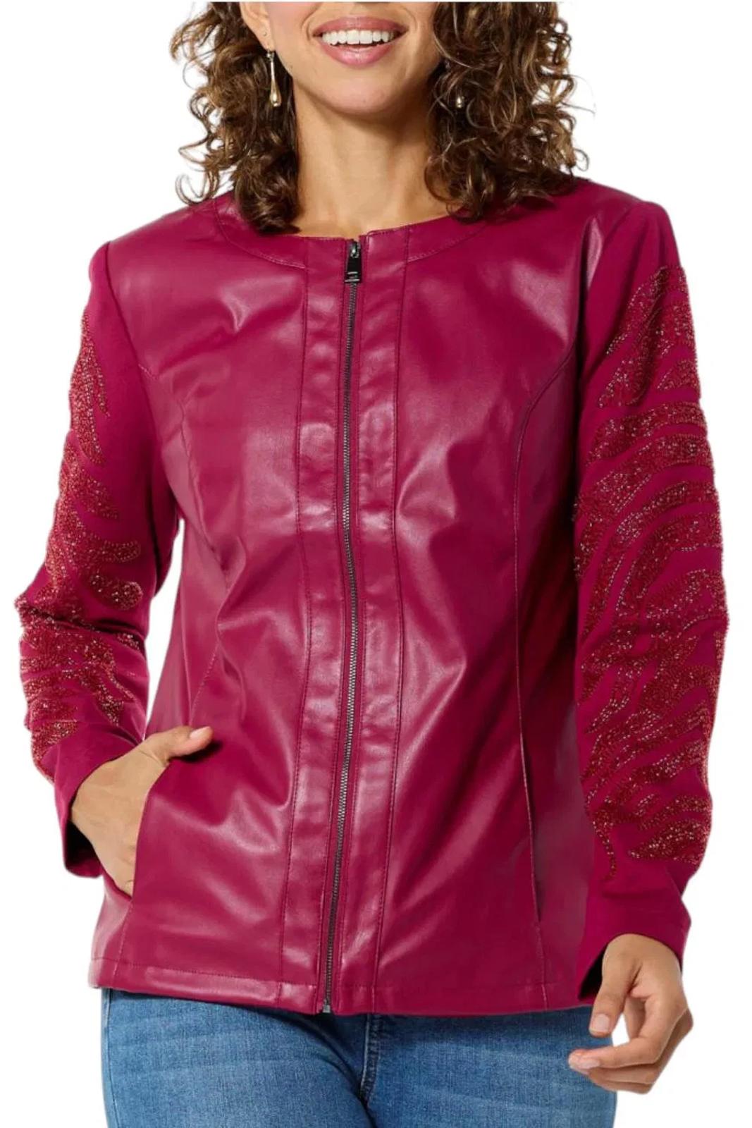 Colleen Lopez Beaded Mesh Sleeve Faux Leather Moto Jacket Size XS