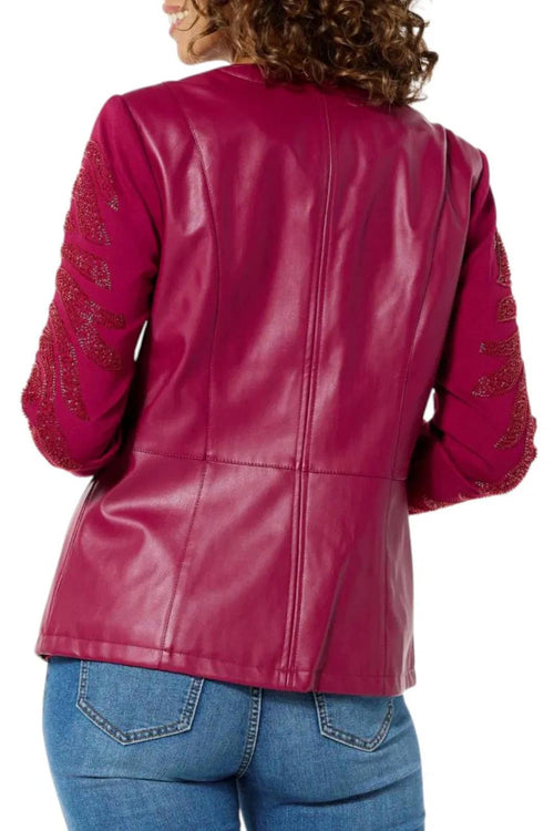Colleen Lopez Beaded Mesh Sleeve Faux Leather Moto Jacket Size XS