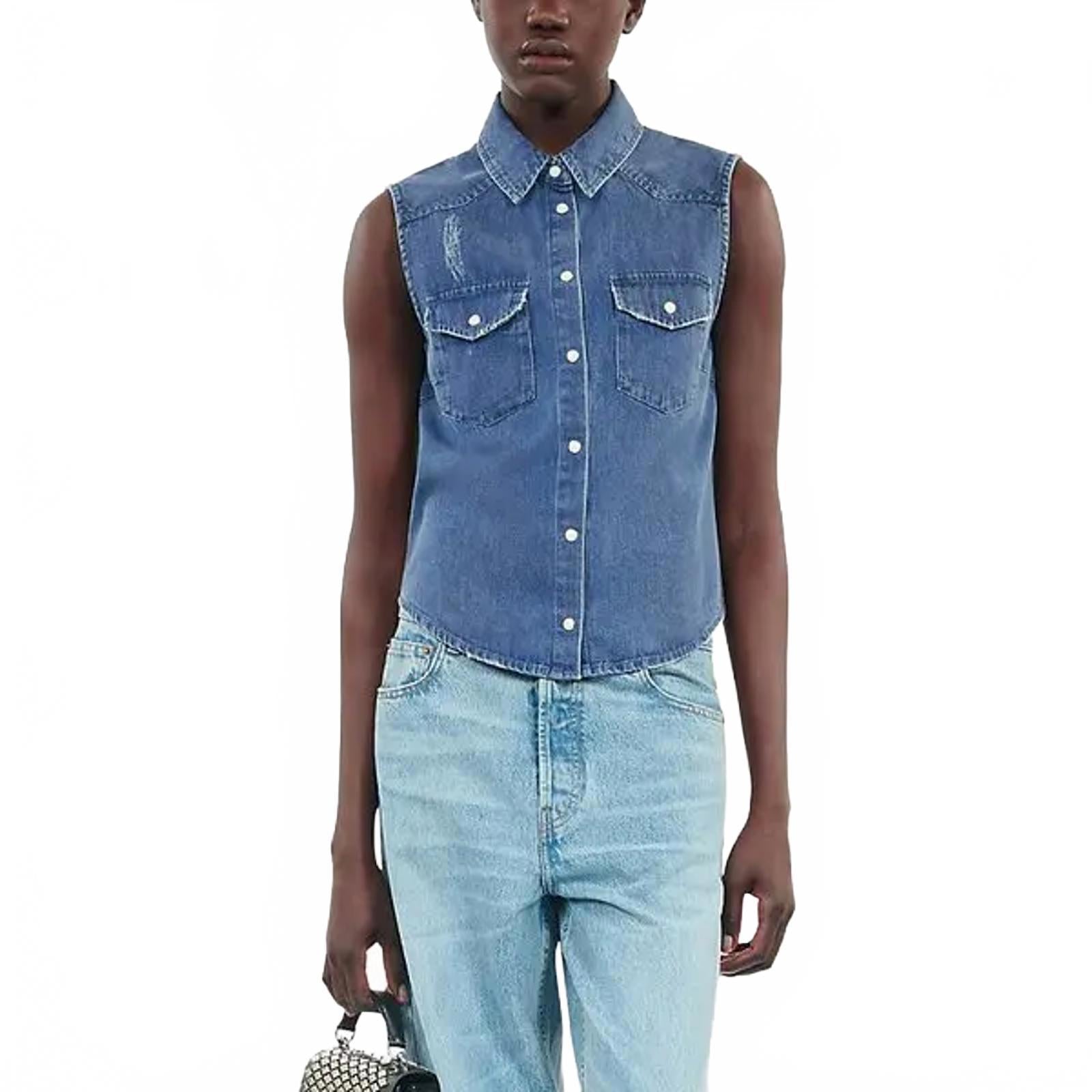 NWT The Kooples NWT Sleeveless Denim Shirt Blue Slim Fit Size 1 / US XS - Small