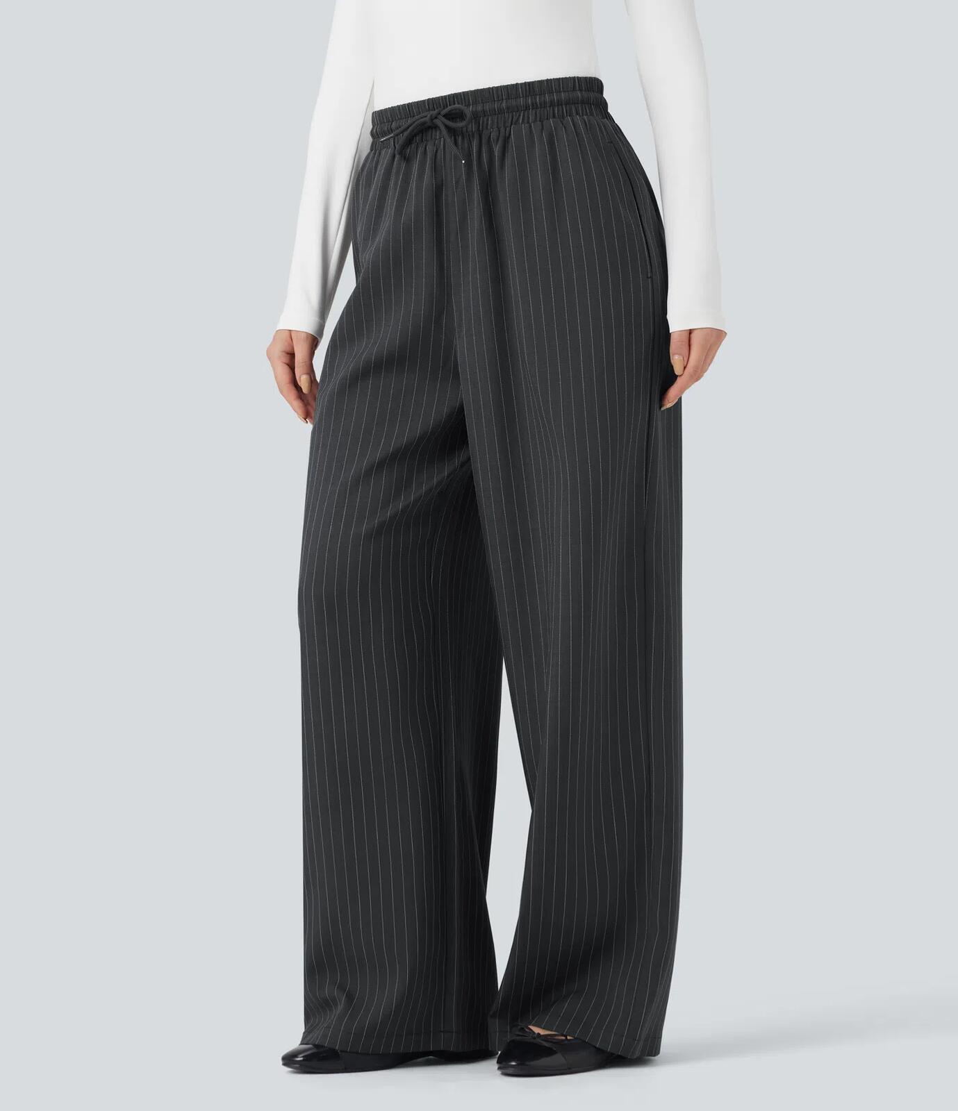 NWT Halara High Waisted Drawstring Wide Leg Stripe Casual Pants Size Small