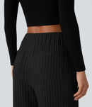 NWT Halara Ribbed Knit High Waisted Wide Leg Pants Black Size Small