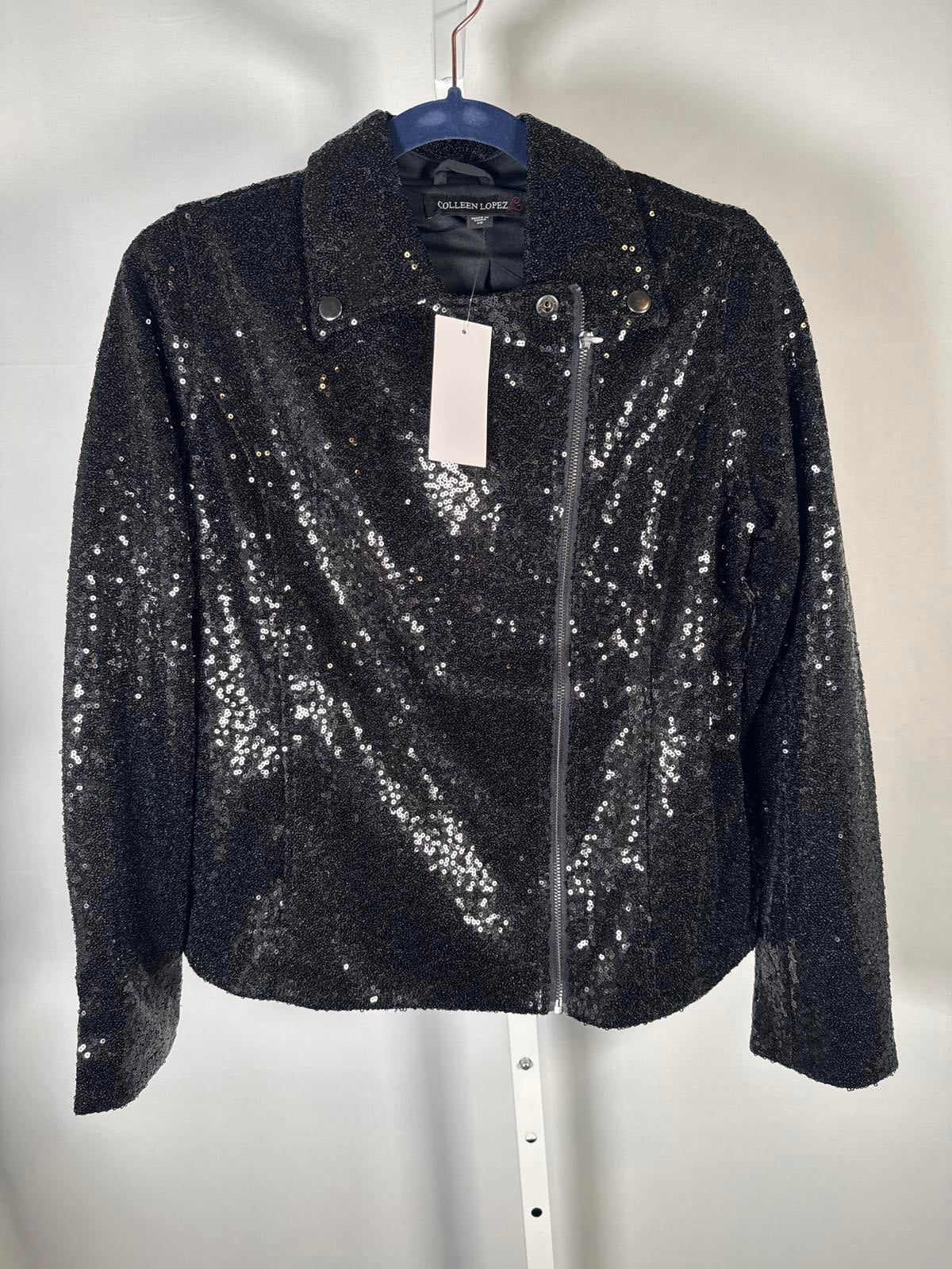 NWT Colleen Lopez Black Sequin Moto Jacket Sparkly Blazer Size XS