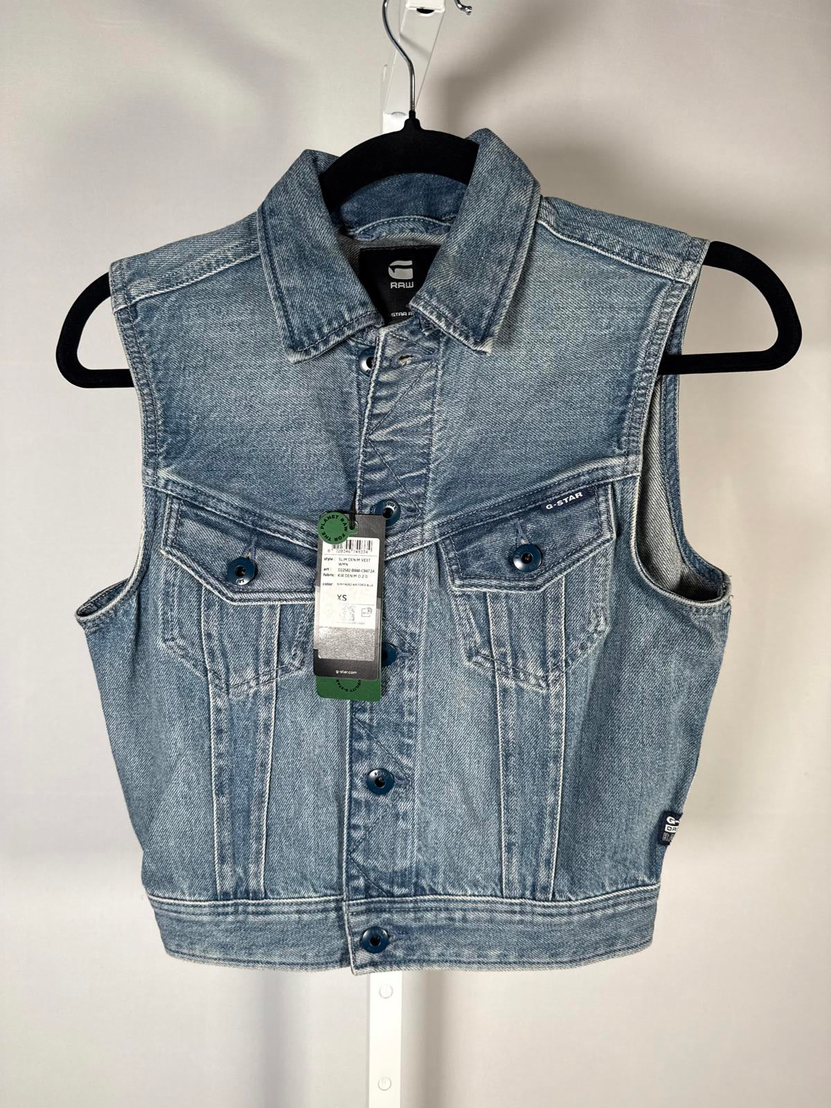 NWT G-Star RAW Women’s Slim Kir Slim Denim Vest Sun Faded Air Force Blue Size XS