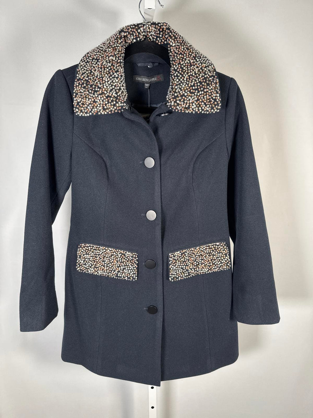 Colleen Lopez Womens Faux Wool Coat Black Bead Detail Removable Collar Size XXS