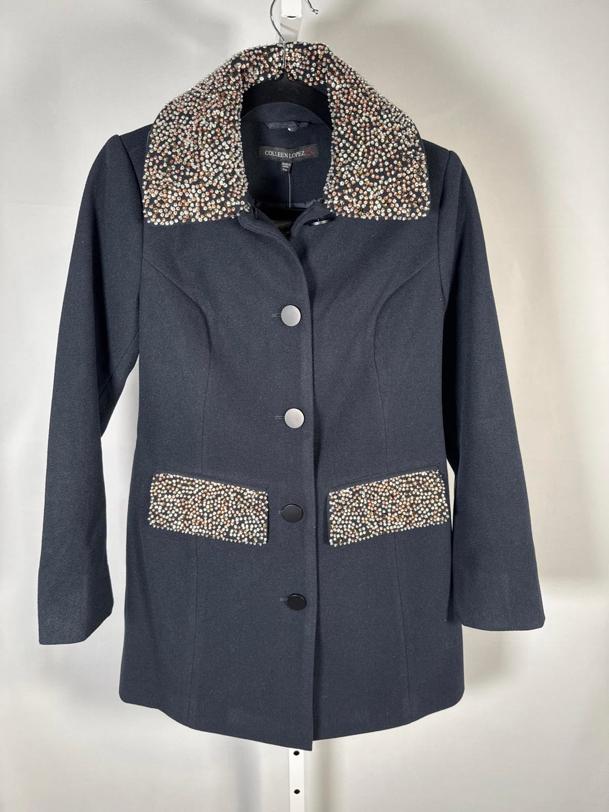 Colleen Lopez Womens Faux Wool Coat Black Bead Detail Removable Collar Size XXS