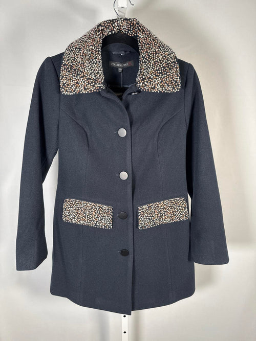 Colleen Lopez Womens Faux Wool Coat Black Bead Detail Removable Collar Size XXS