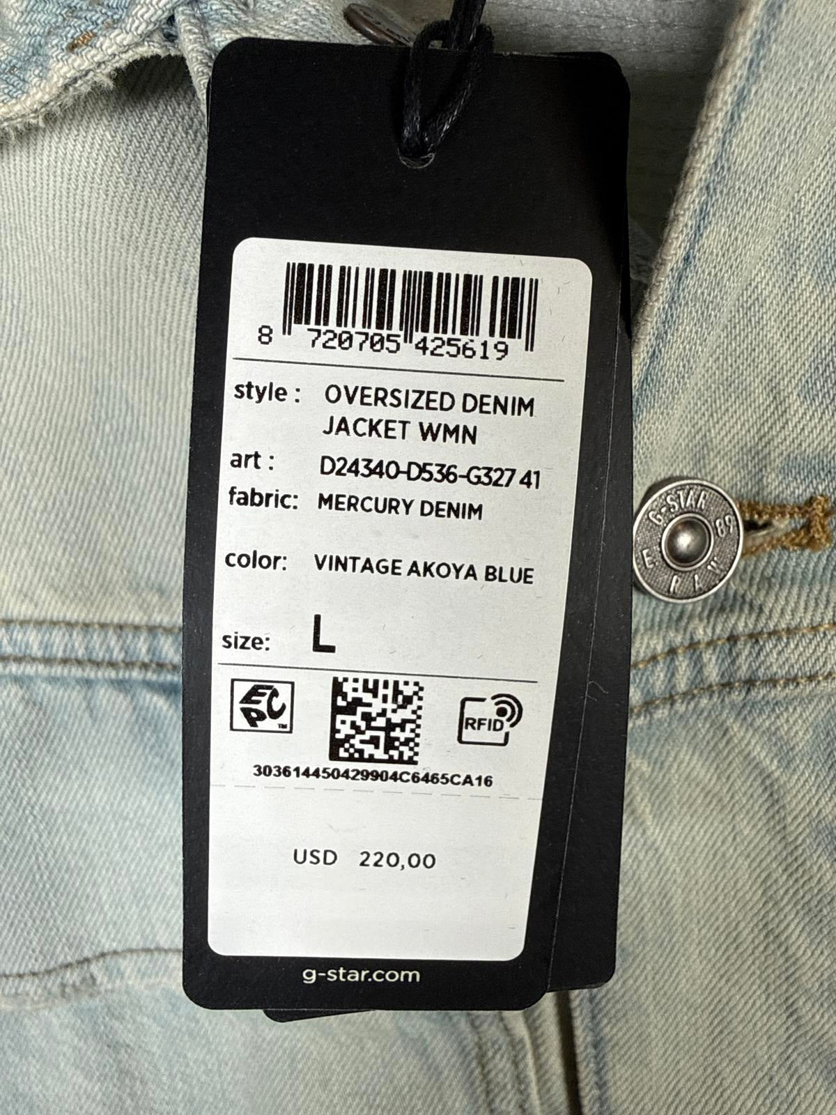 NWT G-Star RAW Oversized Denim Jacket Women’s Vintage Akoya Blue Size Large