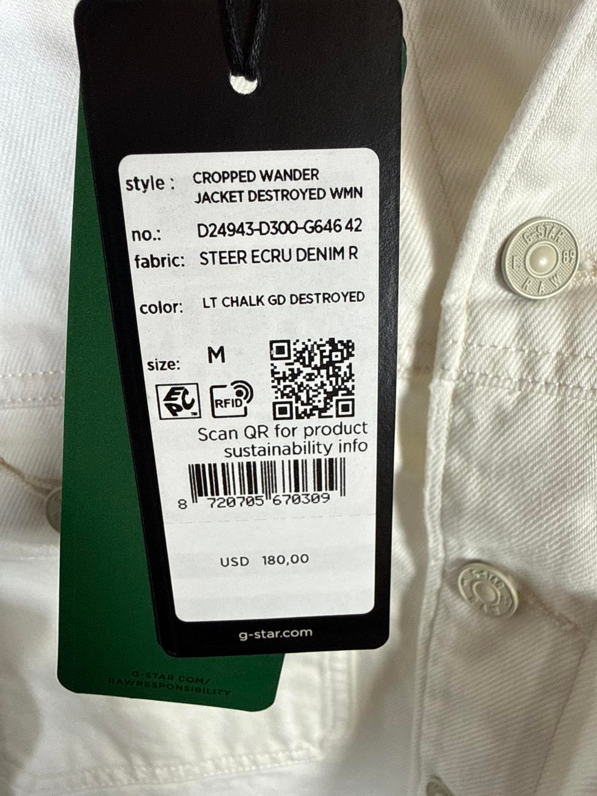NWT G-Star RAW Women’s Cropped Wander Denim Jacket Chalk White Size Medium
