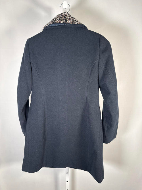 Colleen Lopez Womens Faux Wool Coat Black Bead Detail Removable Collar Size XXS
