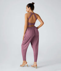 NWT Halara U Neck Pocket Harem Casual Jumpsuit-Easy Peezy Edition Red Violet XS