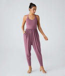 NWT Halara U Neck Pocket Harem Casual Jumpsuit-Easy Peezy Edition Red Violet XS