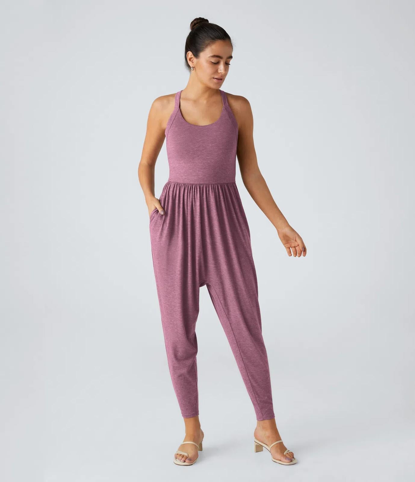 NWT Halara U Neck Pocket Harem Casual Jumpsuit-Easy Peezy Edition Red Violet XS