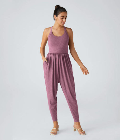 NWT Halara U Neck Pocket Harem Casual Jumpsuit-Easy Peezy Edition Red Violet XS