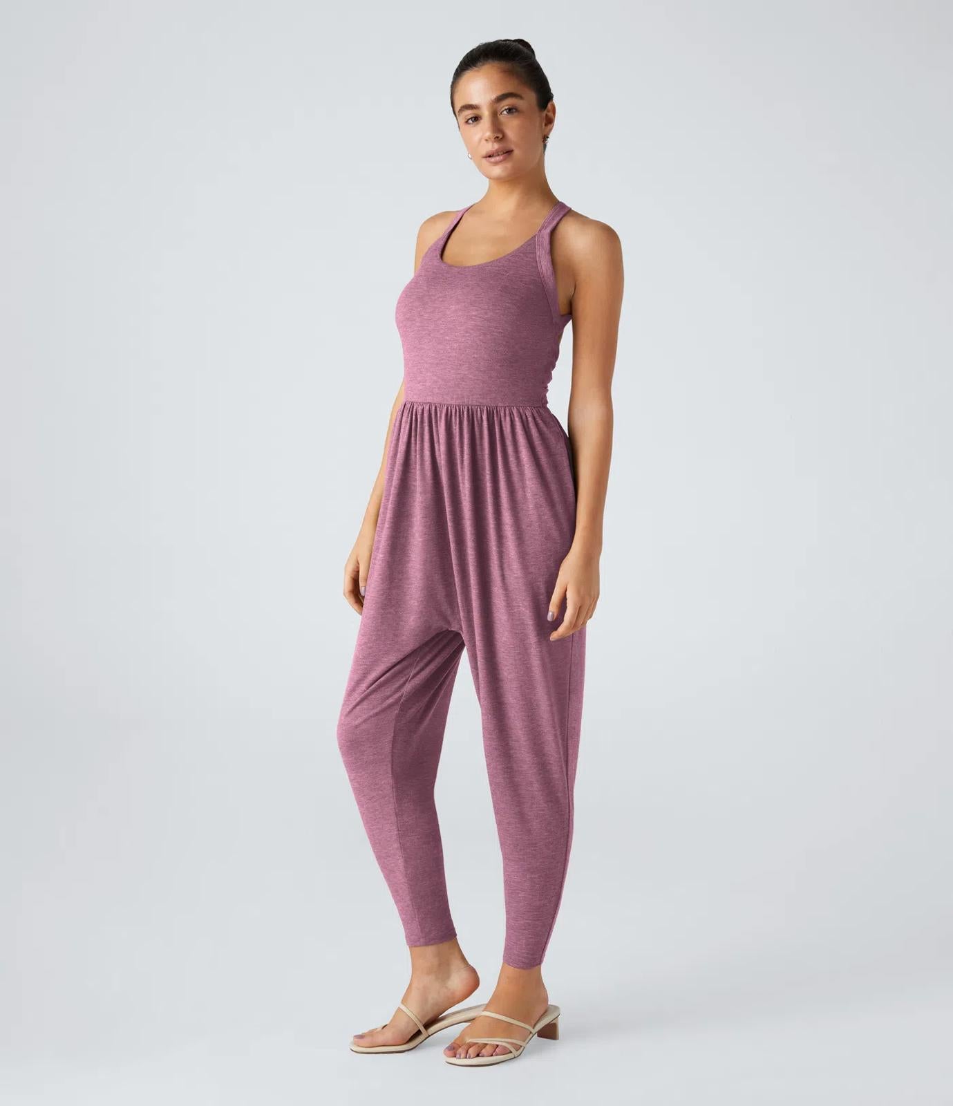 NWT Halara U Neck Pocket Harem Casual Jumpsuit-Easy Peezy Edition Red Violet XS