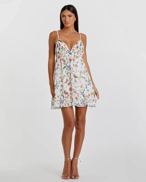 NWT Mac Duggal Apparel White Butterfly Print Ruffle Hem Mini Dress Size 6
