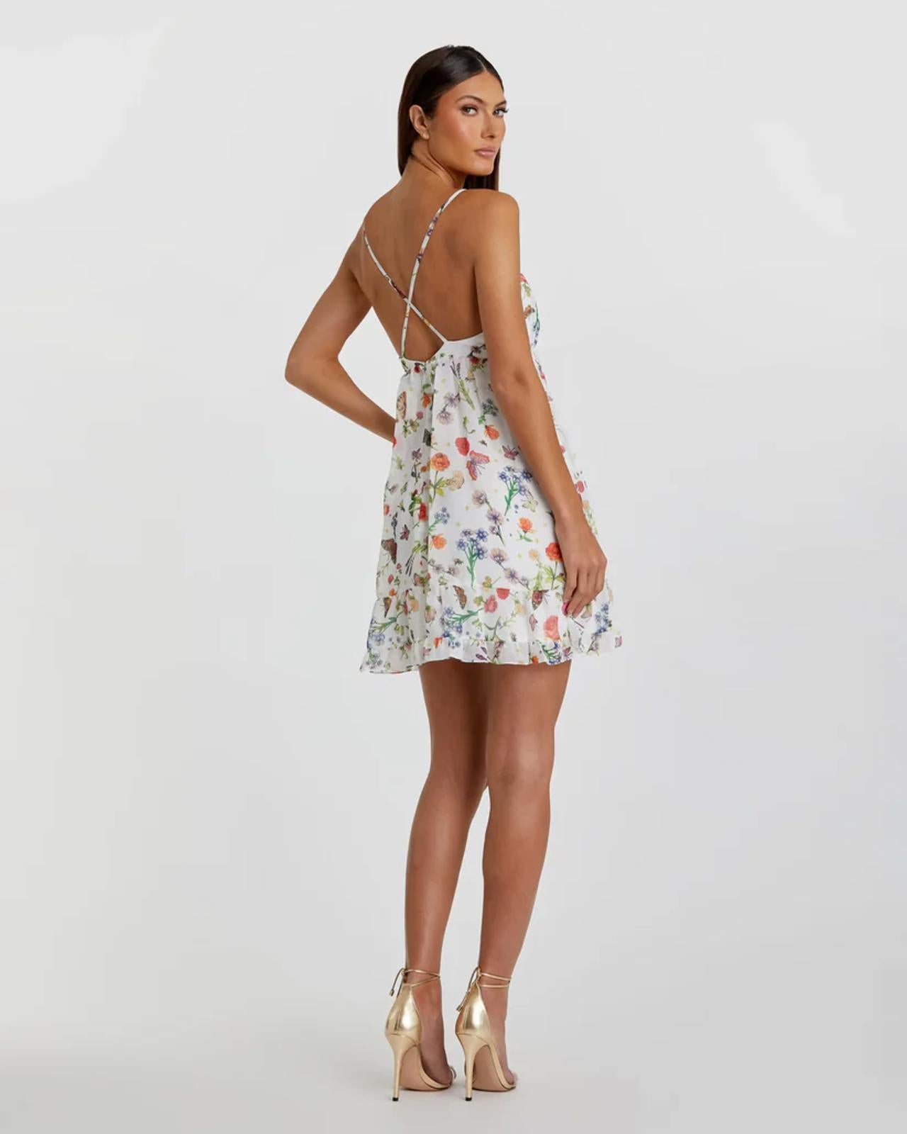 NWT Mac Duggal Apparel White Butterfly Print Ruffle Hem Mini Dress Size 6